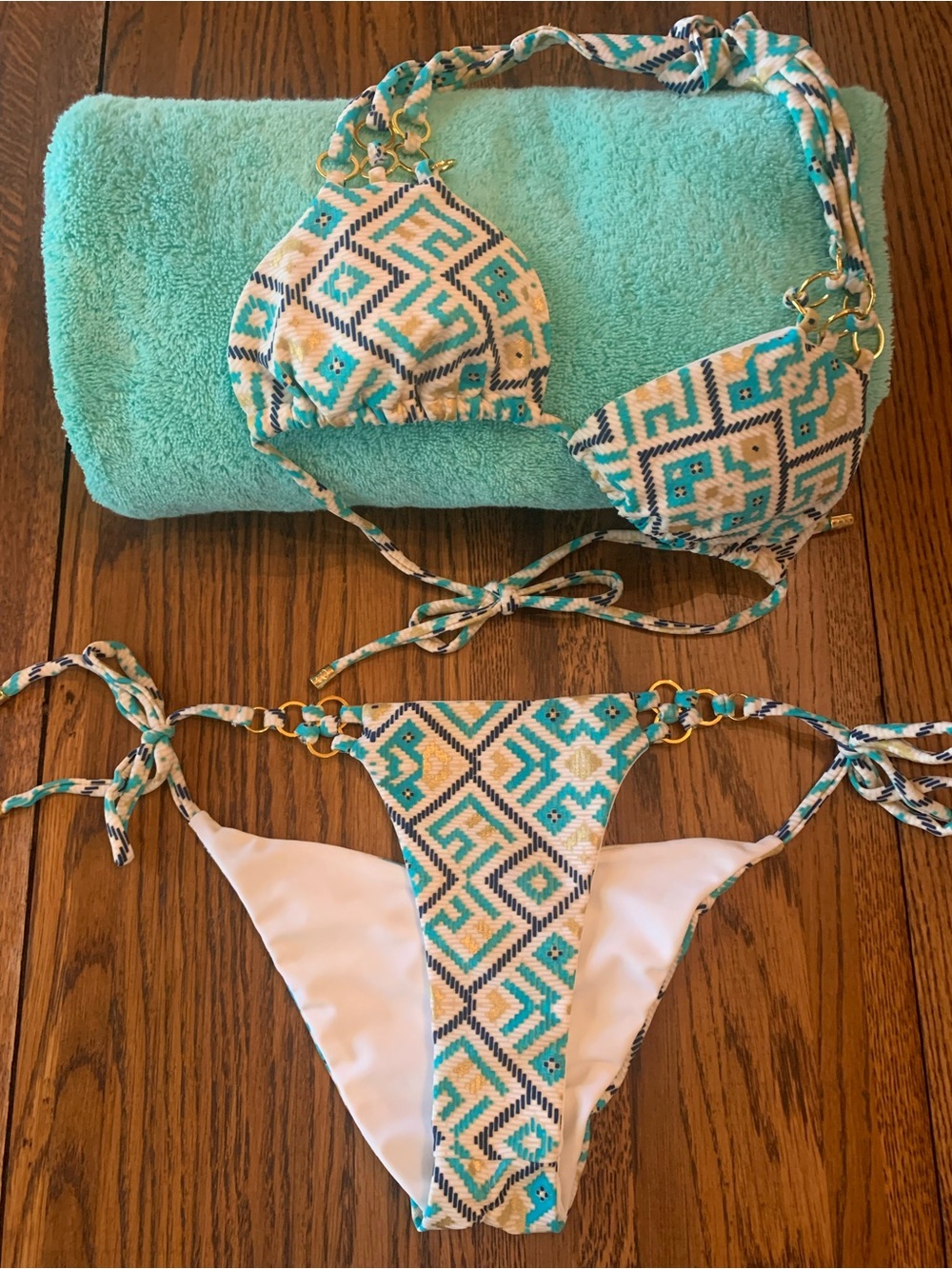 Beach Bunny Turquoise White Geometric String Bikini